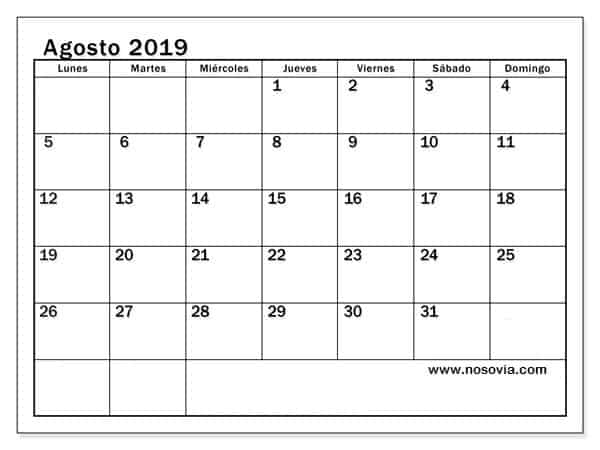 Agosto 2019 Editable Calendario 