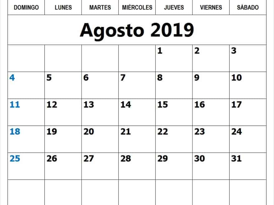 Diseño Calendario Agosto 2019