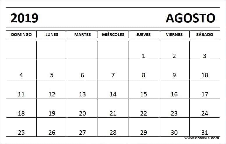  Agosto 2019 Calendario Formato