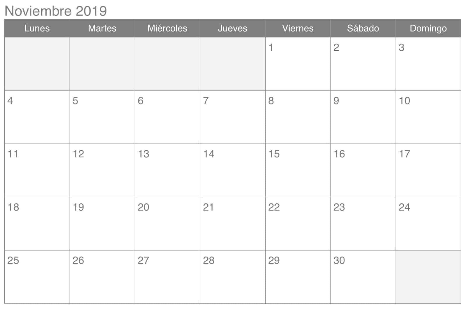 Calendario Noviembre 2019 Profesional