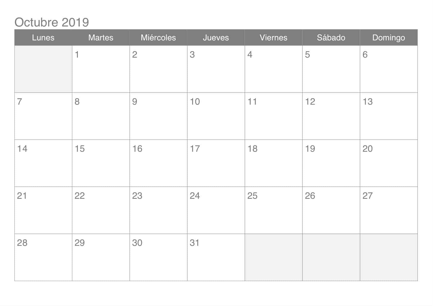 Calendario Octubre Estilos 2019