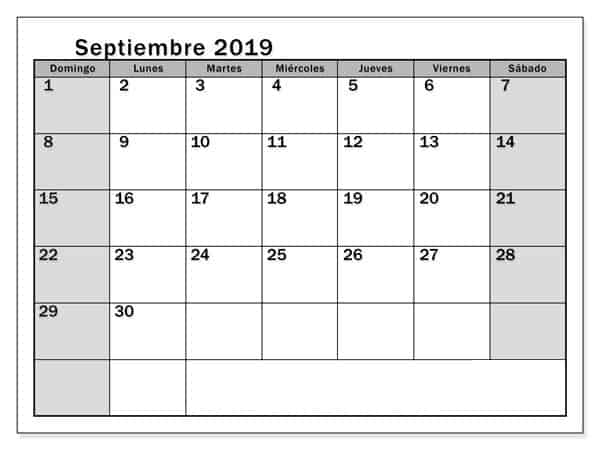 Septiembre 2019 Blanco Y Negro Calendario 