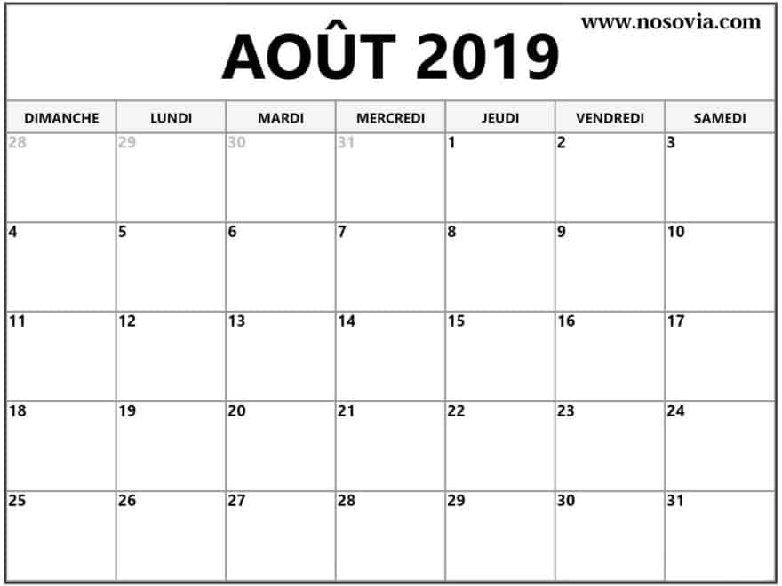 Calendrier Éditable Août 2019