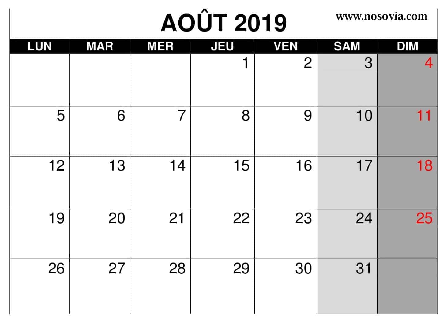 Vacances Calendrier Août 2019