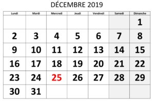 Éditable Calendrier Décembre 2019