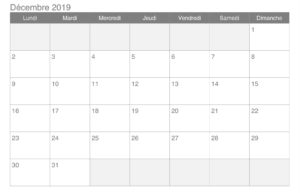 Avec notes Calendrier Décembre 2019