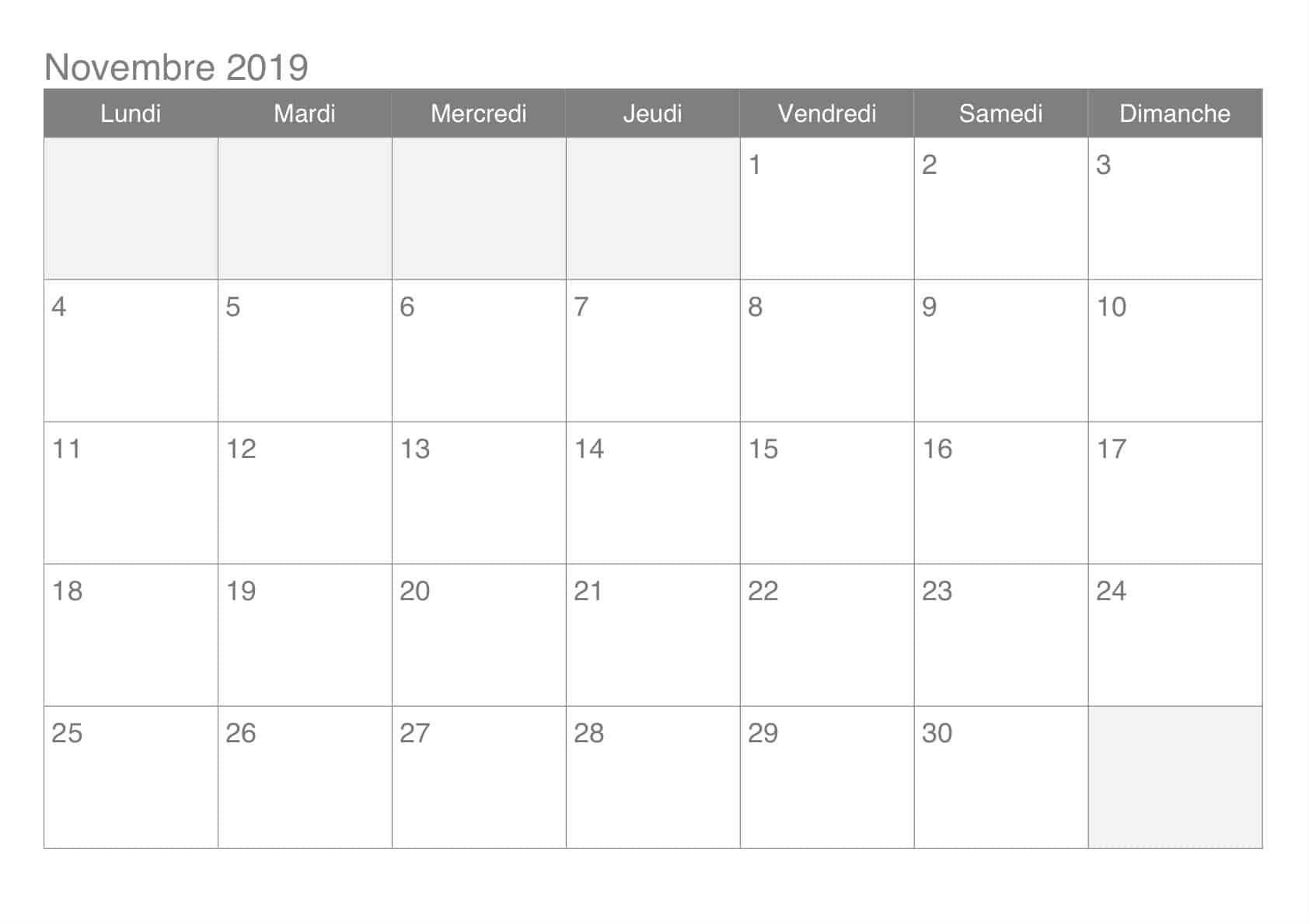 Calendrier Imprimable Novembre 2019 