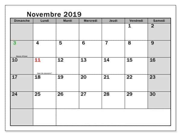 Calendrier Gratuit Novembre 2019 