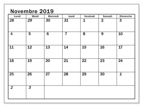 Mensuel Calendrier Novembre 2019