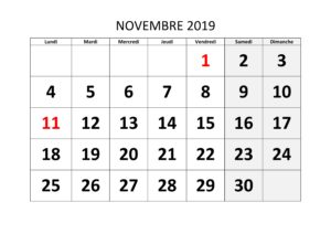 Calendrier Novembre Mois 2019