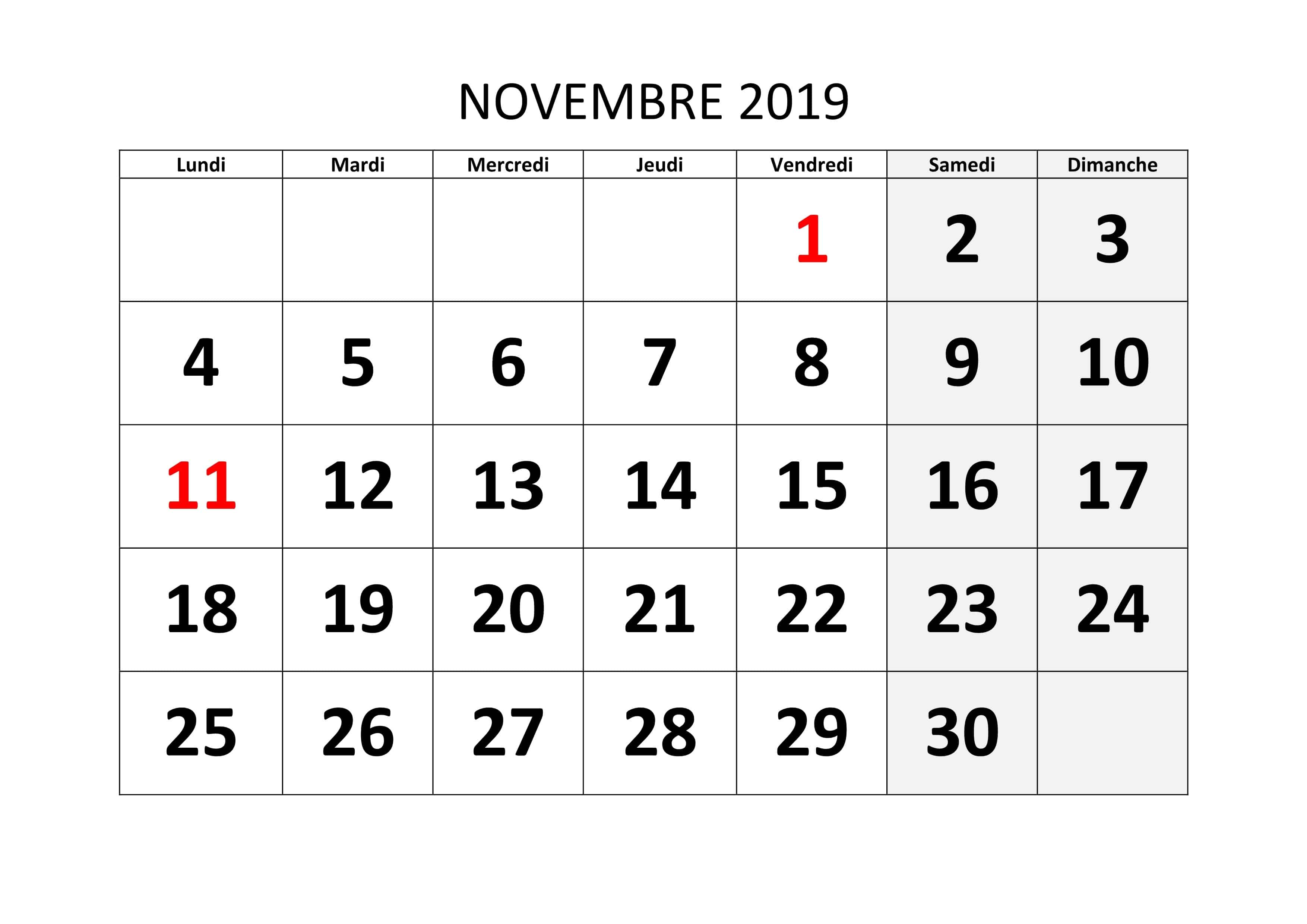 Calendrier Novembre Mois 2019 