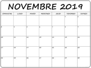 Éditable Calendrier Novembre 2019