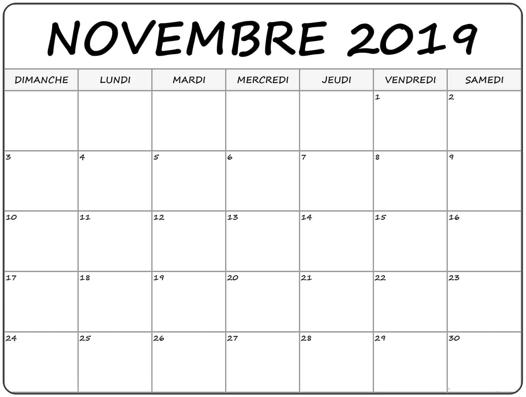 Éditable Calendrier Novembre 2019 