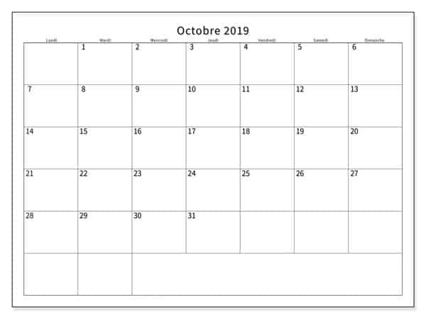 Calendrier Éditable Octobre 2019