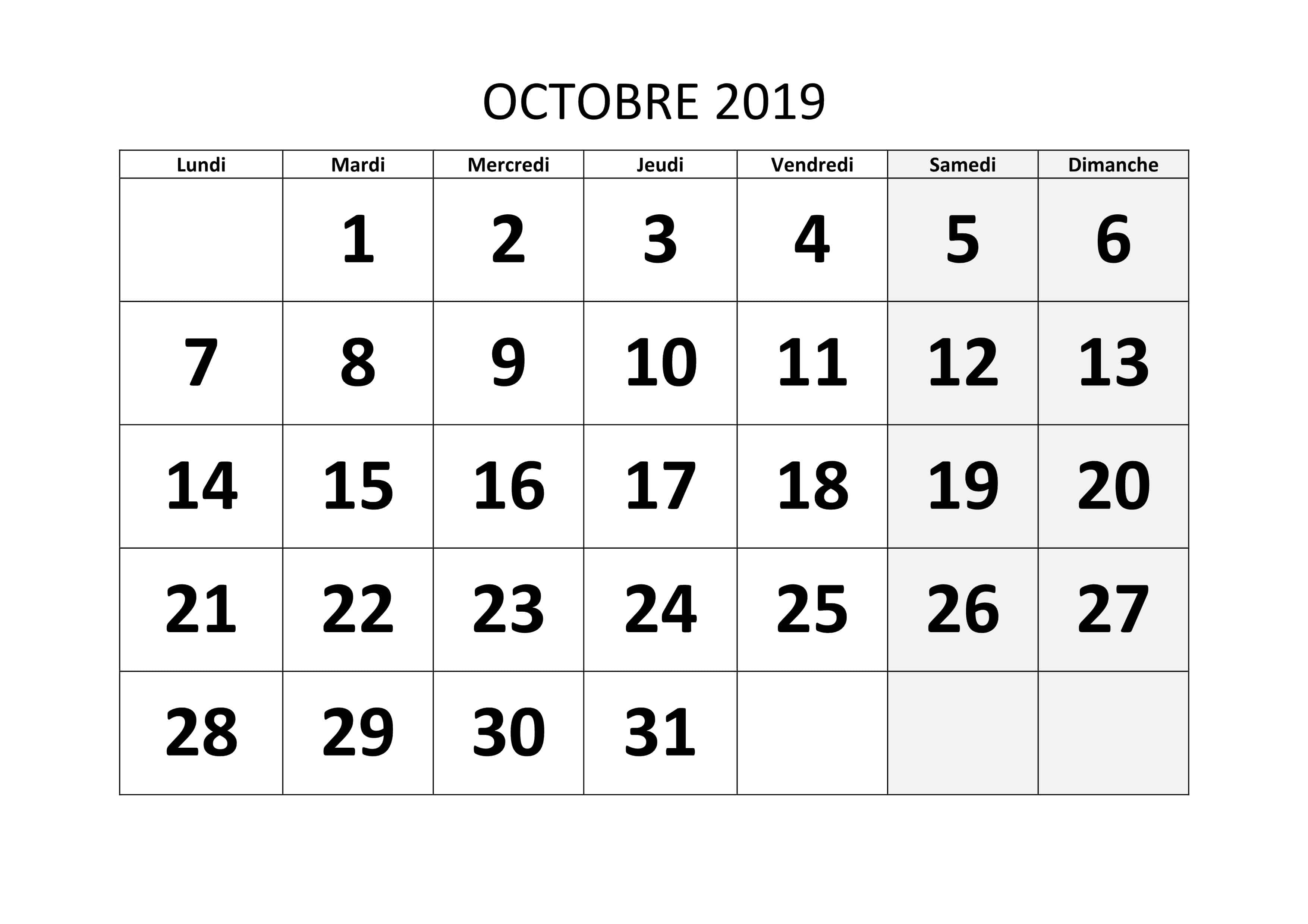 Calendrier Octobre 2019 Vacances
