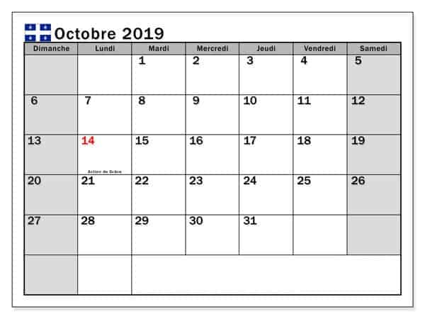 Calendrier Octobre Modèle 2019