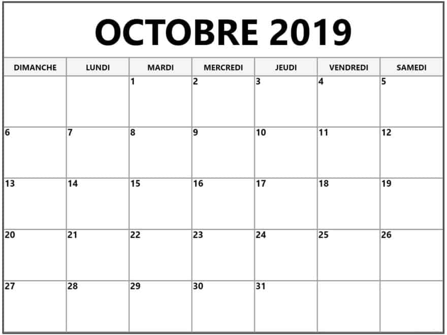 Calendrier Imprimable Octobre 2019