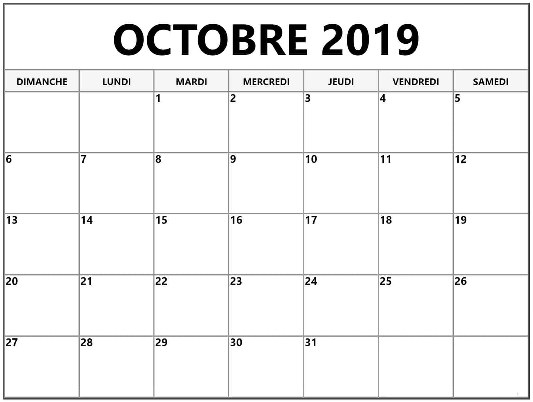 Calendrier Imprimable Octobre 2019