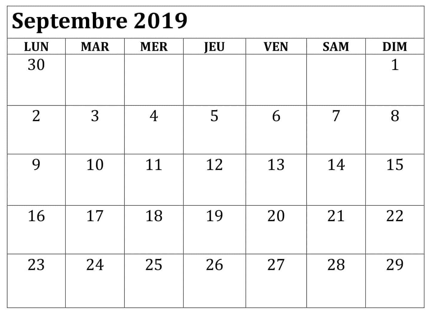 Calendrier Septembre 2019 Avec notes