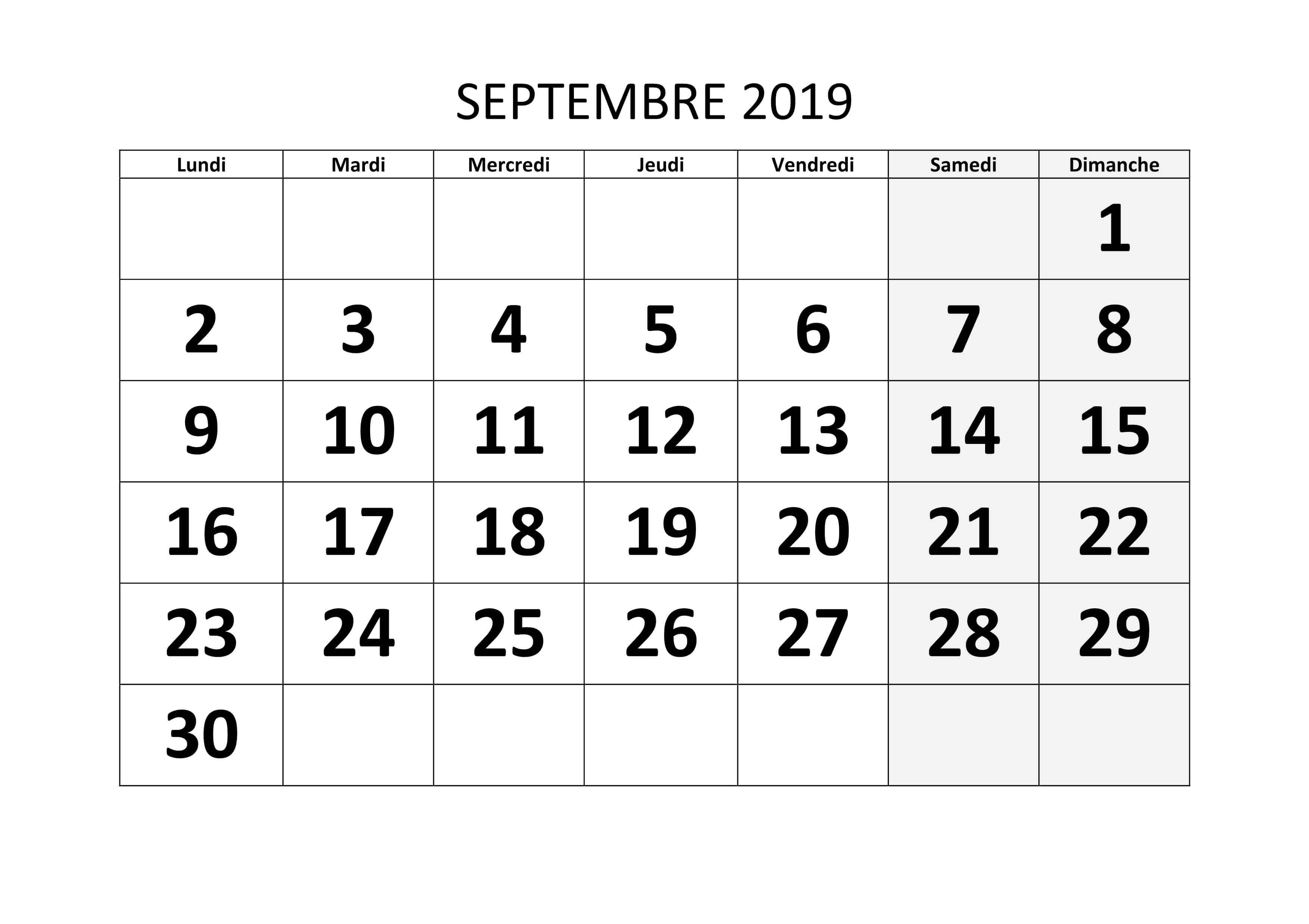 Calendrier Mensuel Septembre 2019