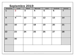 Septembre 2019 Calendrier Gratuit