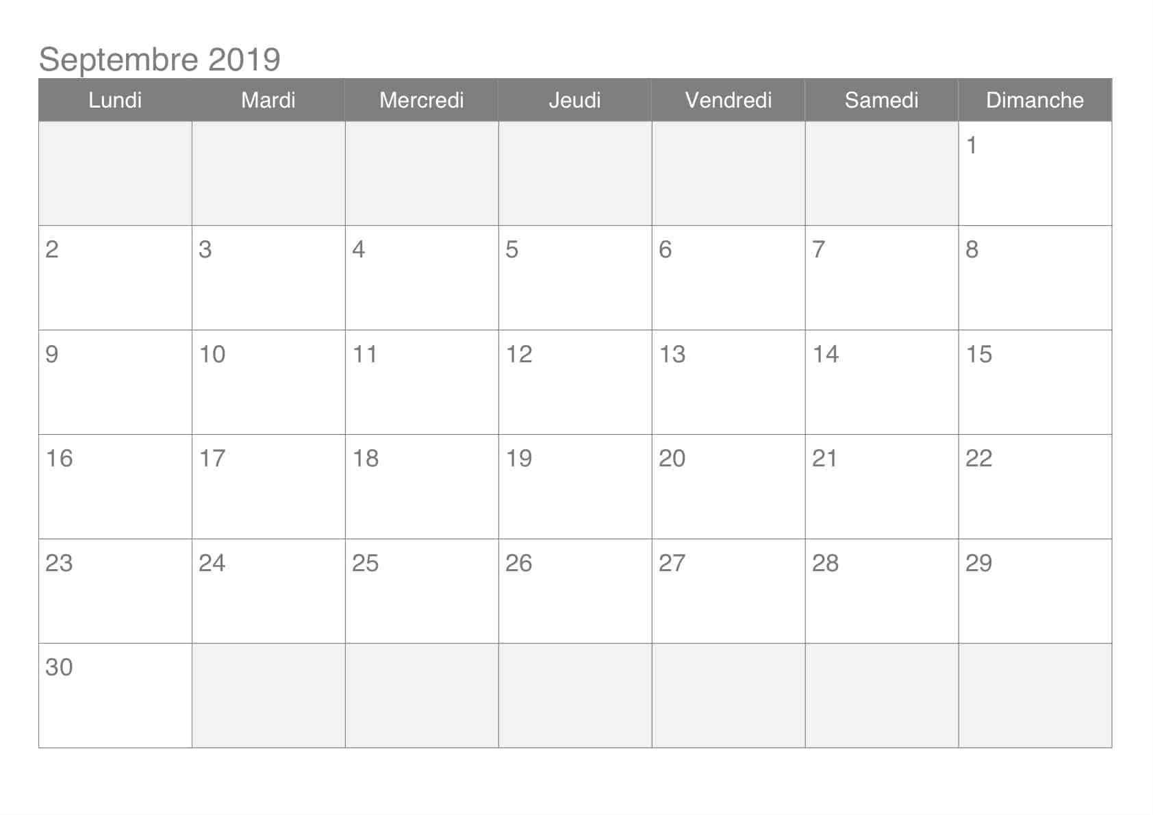 Calendrier Éditable Septembre 2019