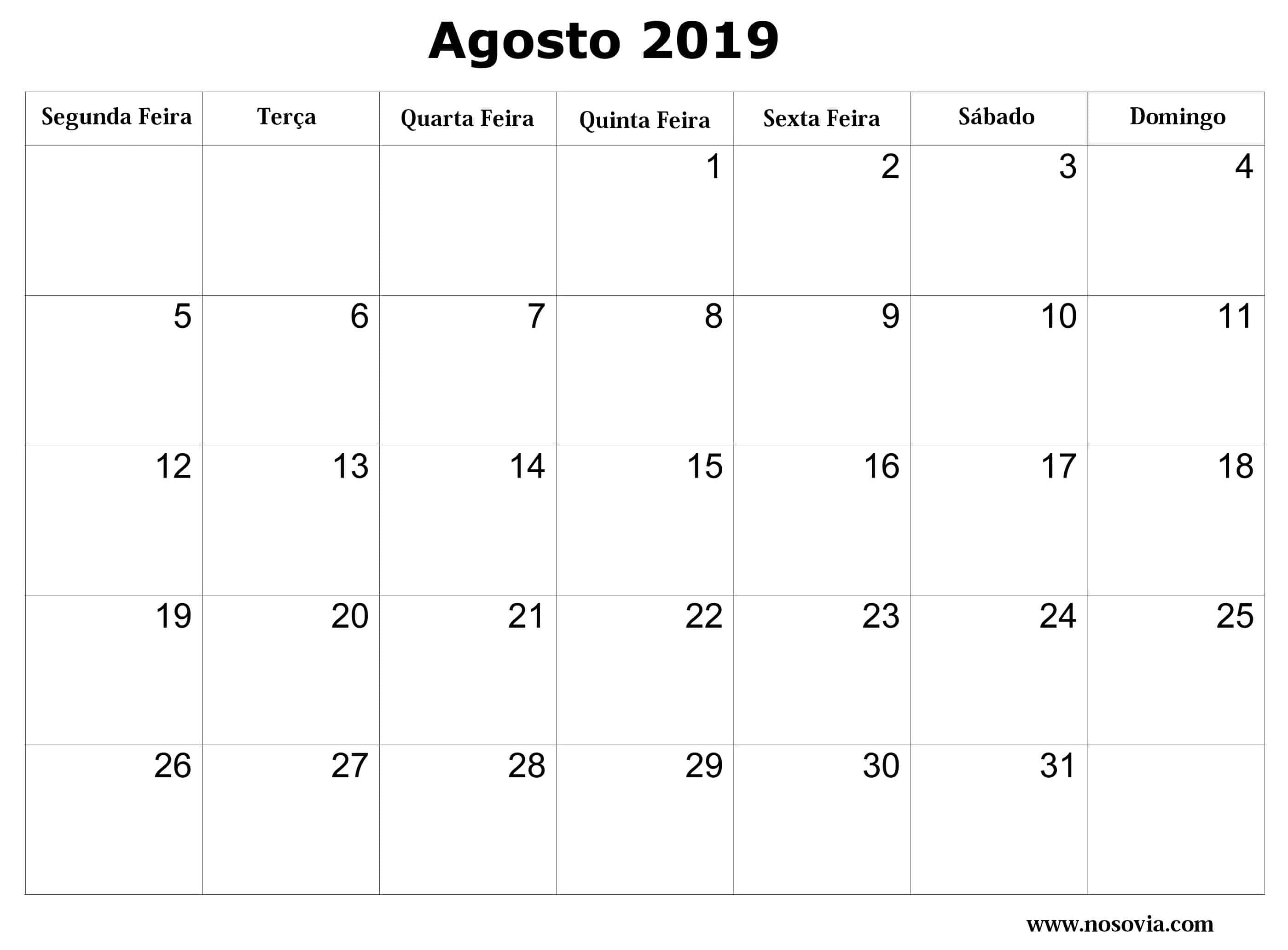 Com feriados Calendário 2019 Agosto 