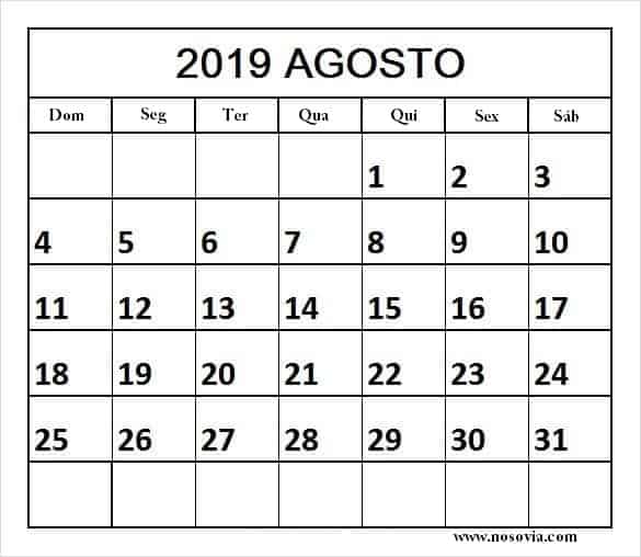 Calendário Agosto 2019 Mesa