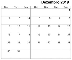 Editável Dezembro 2019Calendário Dezembro 2019