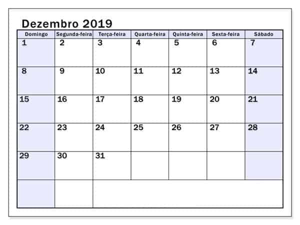 Modelo Calendário Dezembro 2019