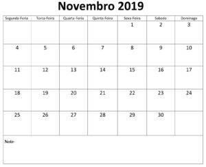 Imprimível Calendário Novembro 2019