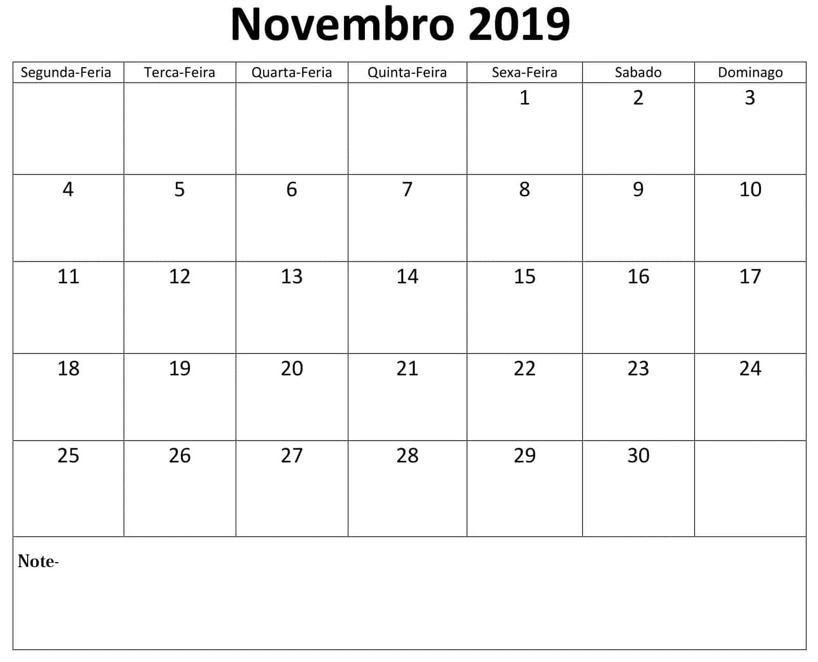 Imprimível Calendário Novembro 2019