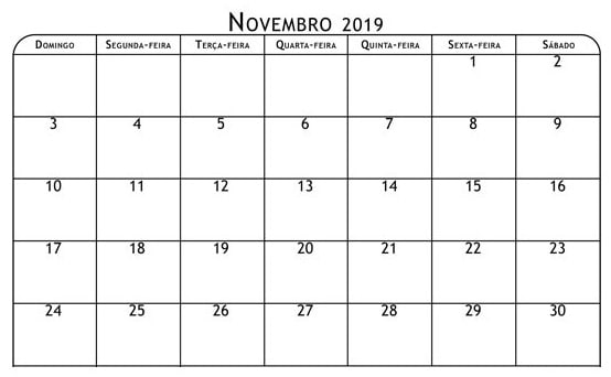 Calendário Mês Novembro 2019