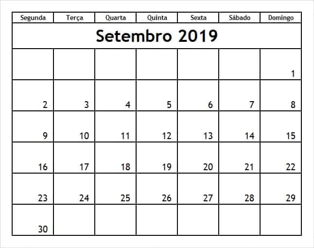 Setembro 2019 Calendário Mês 