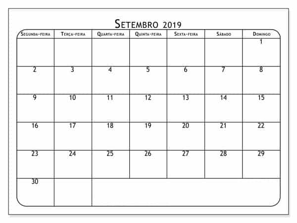 Calendário Setembro 2019 Setembro 2019