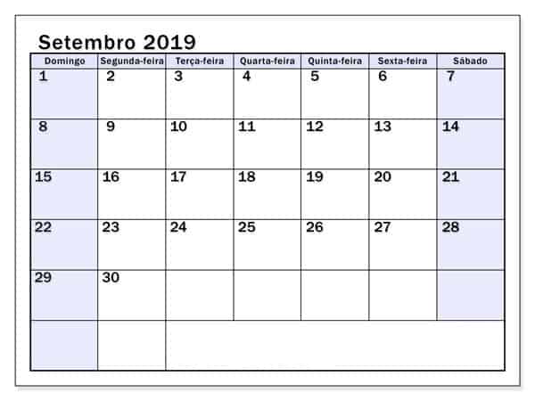 Setembro 2019 Calendário Mesa
