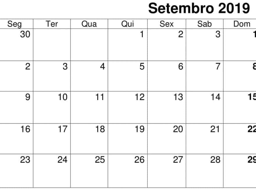 Imprimível Calendário Setembro 2019