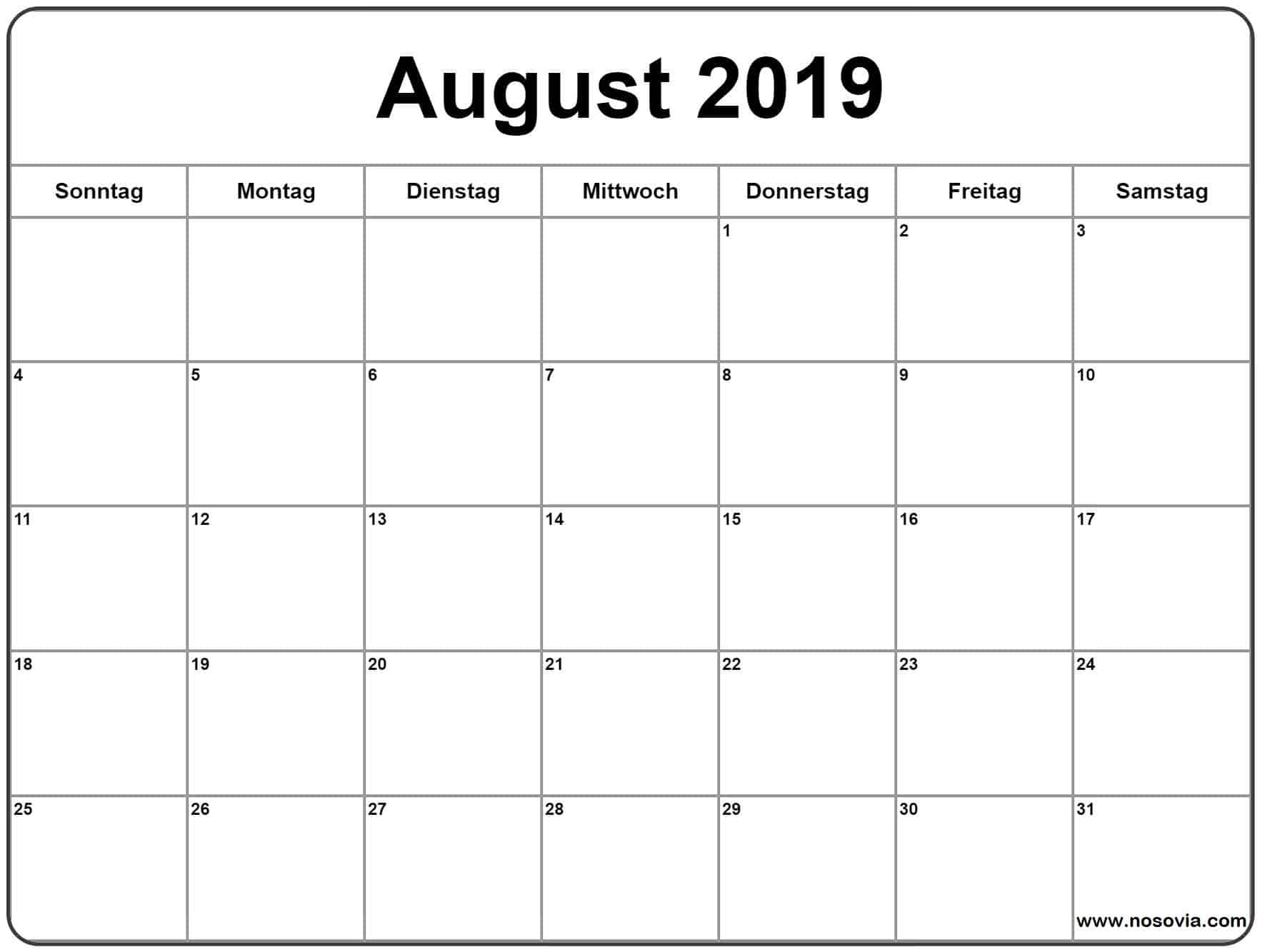 Kalender August Blatt 2019