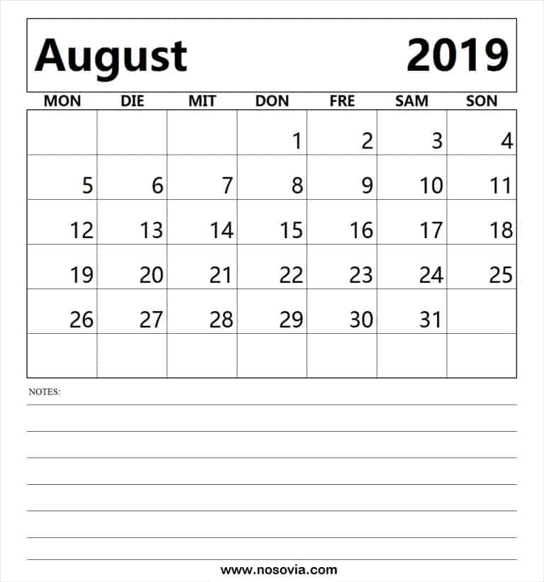  August Kalender 2019 Tabelle