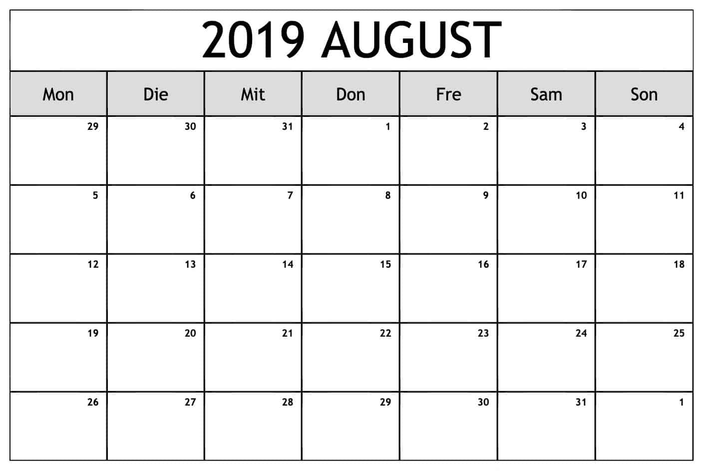 Feiertage Kalender August 2019 Zum Ausdrucken