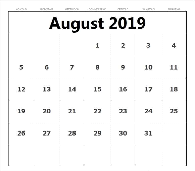 Kalender August 2019 Notizen Zum Ausdrucken