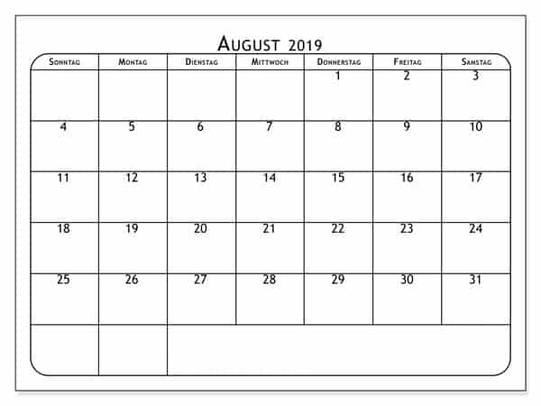 Planer Kalender August 2019 Zum Ausdrucken