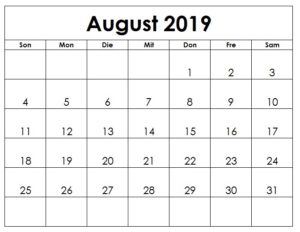 Blatt Kalender August 2019 Zum Ausdrucken