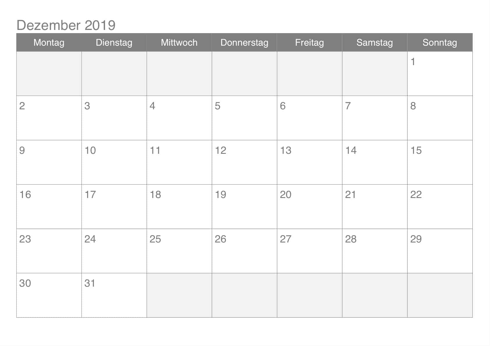 Kalender Monatlich Dezember 2019 