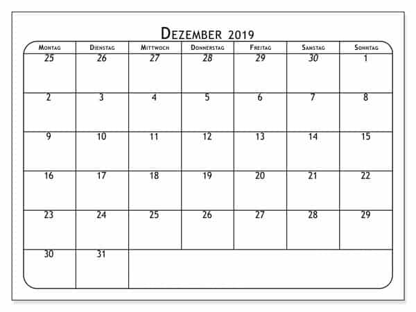 Blatt Kalender Dezember 2019 