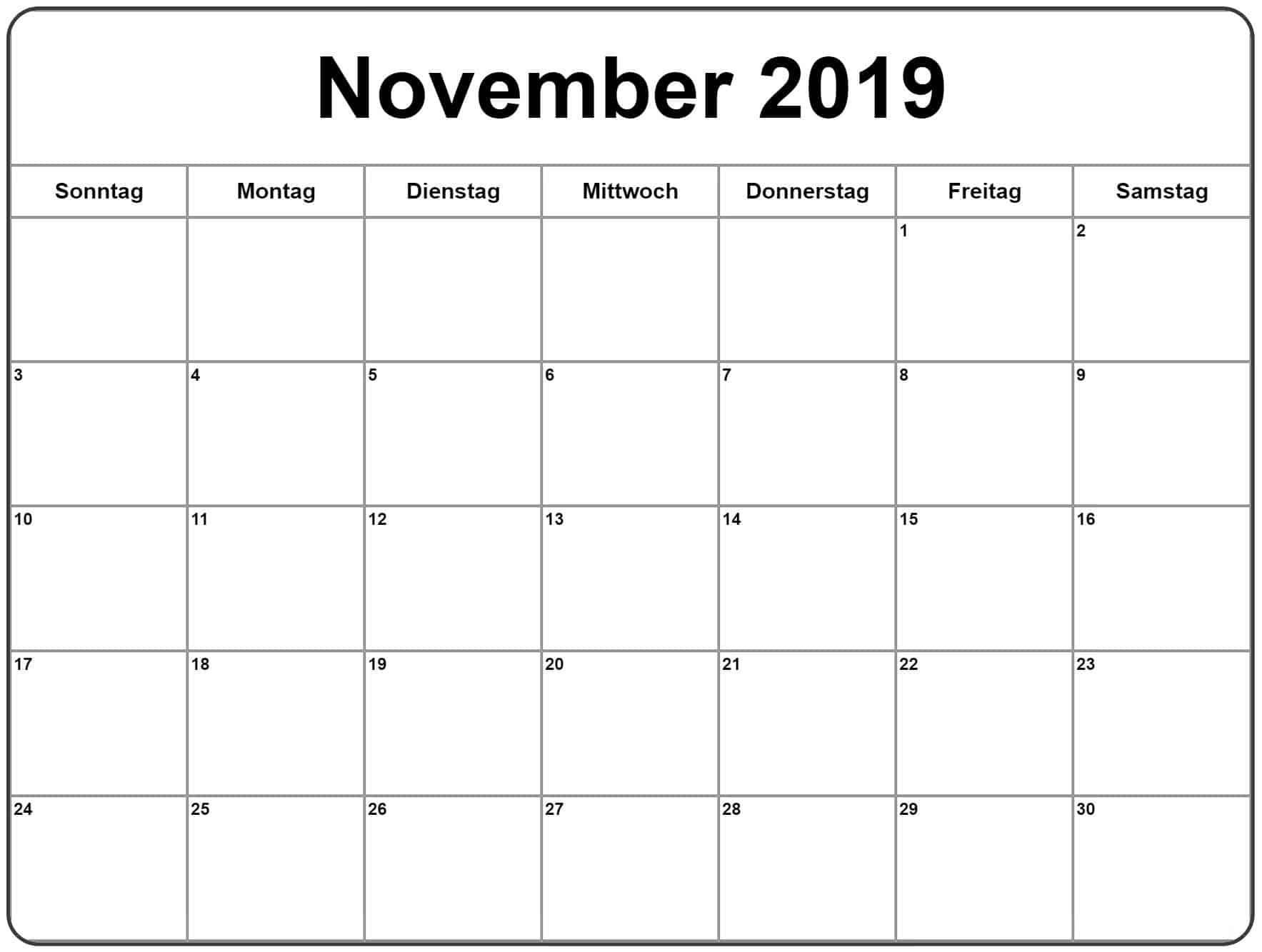 Kalender November 2019 Blatt