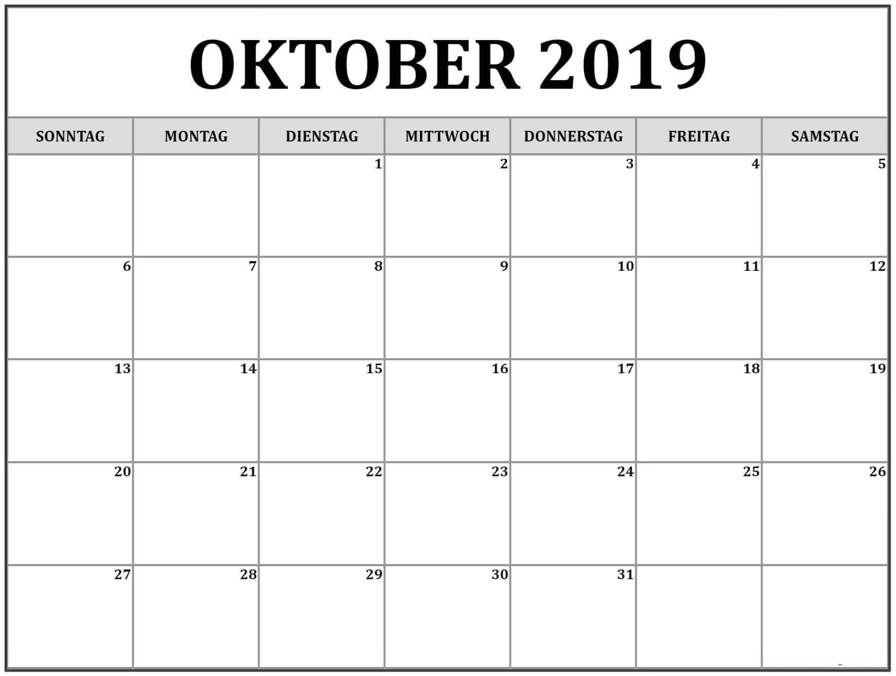 Kalender Oktober 2019 Zeitplan