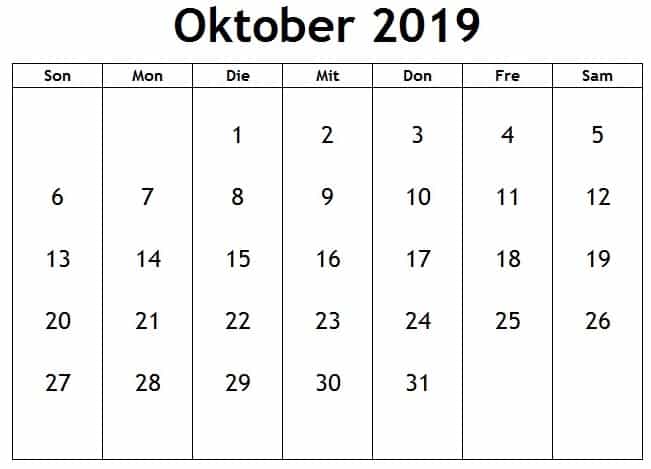 Kalender Oktober Frei 2019
