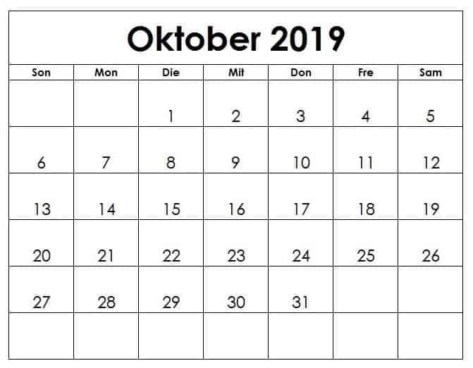 Kalender Oktober 2019 Notizen