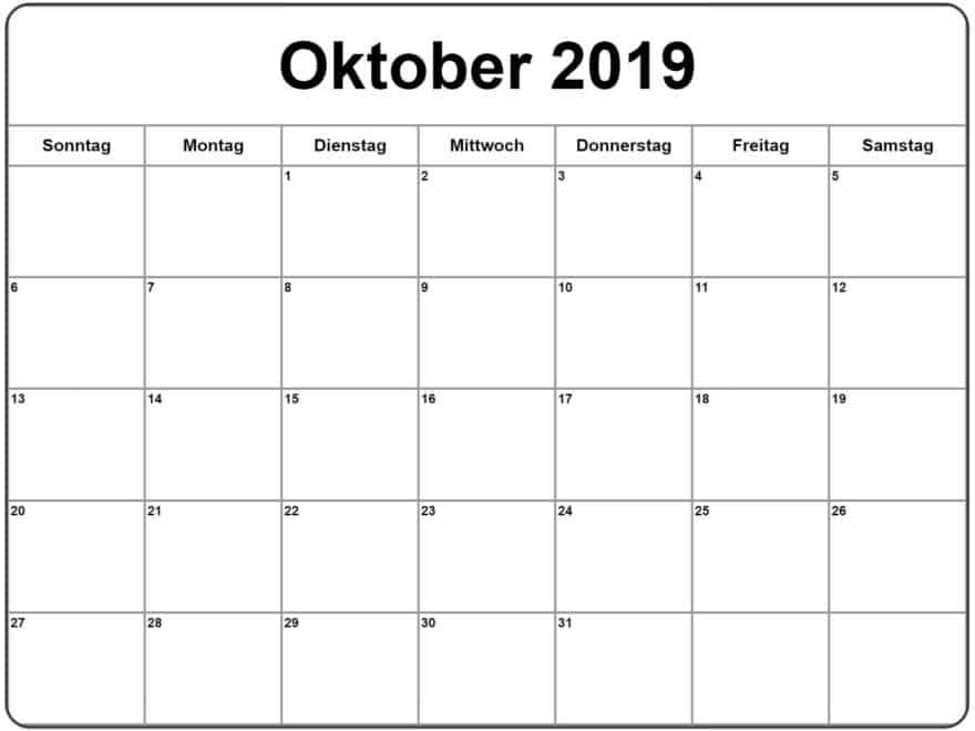 Oktober 2019 Planer Kalender